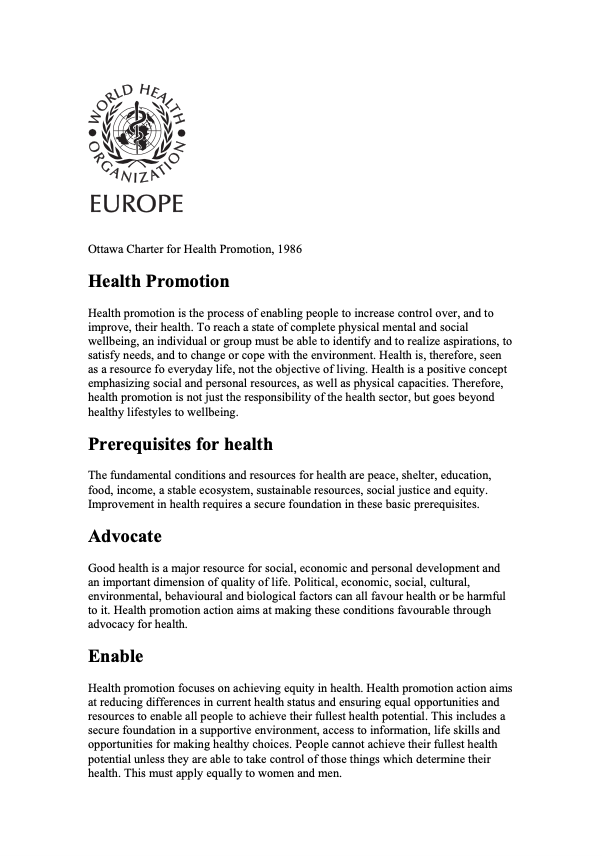 Ottawa Charter for Health Promotion, 1986 (WHO)
