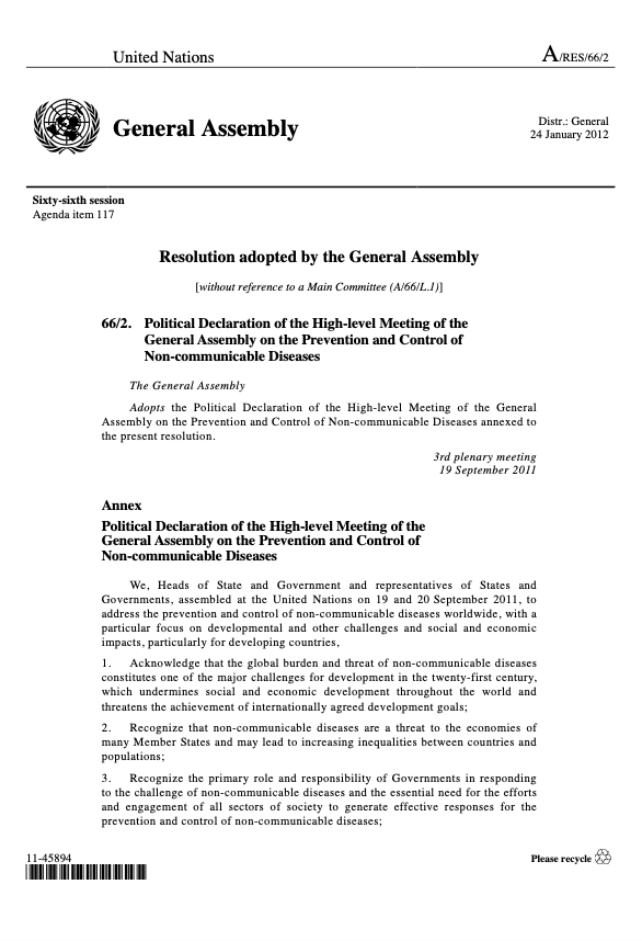 Political Declaration of the High-level Meeting of the General Assembly on the Prevention and Control of Non-communicable Diseases_19 Sept 2011