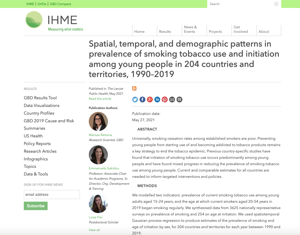 Spatial, temporal, and demographic patterns in prevalence of smoking tobacco use and initiation among young people in 204 countries and territories, 1990–2019  (IHME)
