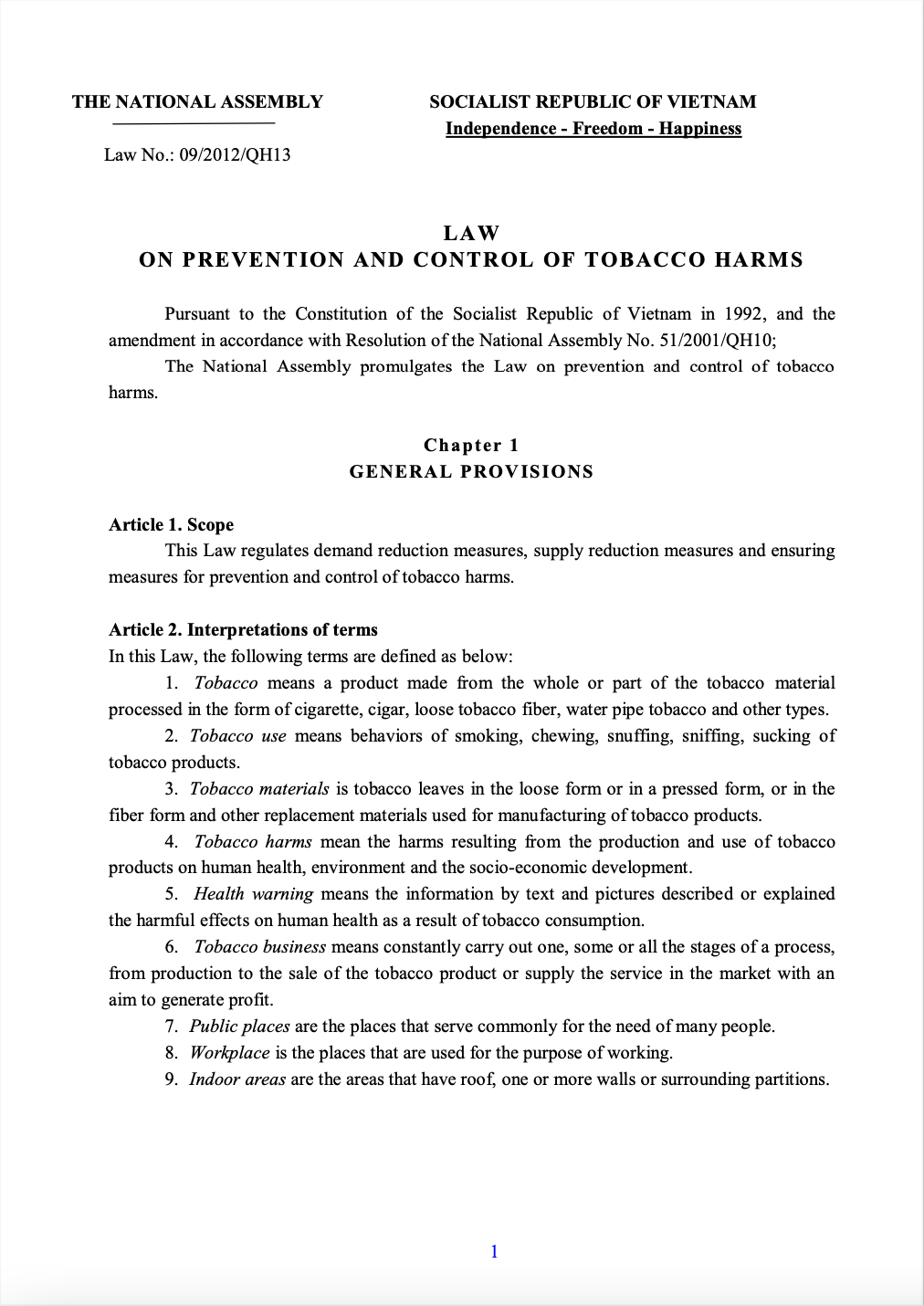 Vietnam Law on Prevention and Control of Tobacco Harms 2012