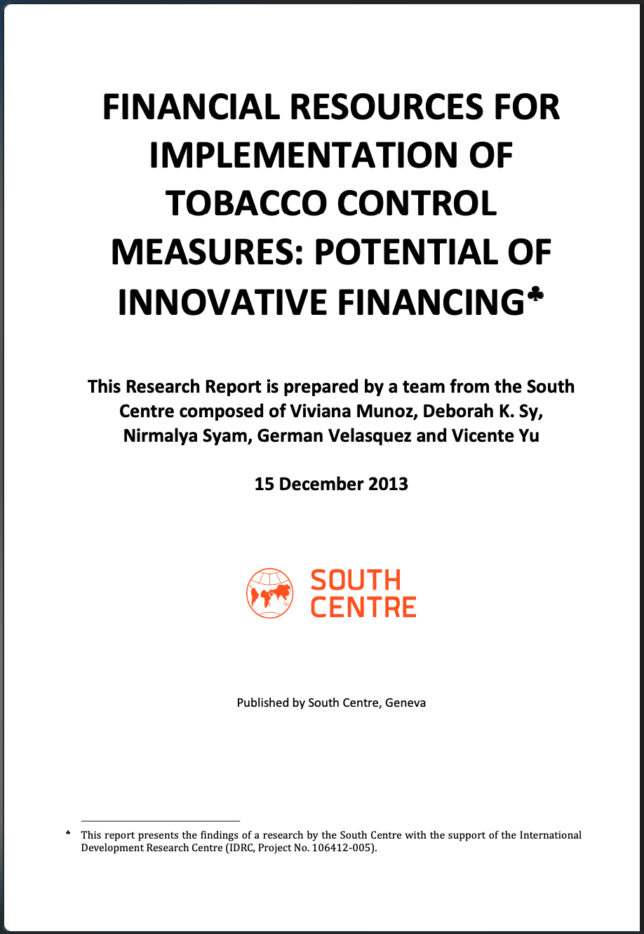 Financial Resources for Implementation of Tobacco Control Measures: Potential of Innovative Financing (South Centre 2013)