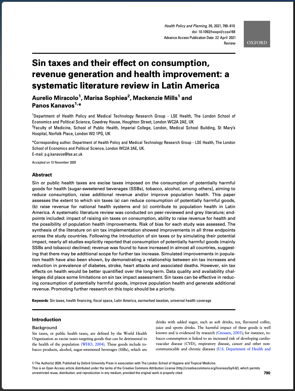 Sin Taxes and Their Effect on Consumption, Revenue Generation and Health Improvement: A Systematic Literature Review in Latin America (Health Policy and Planning 2021)