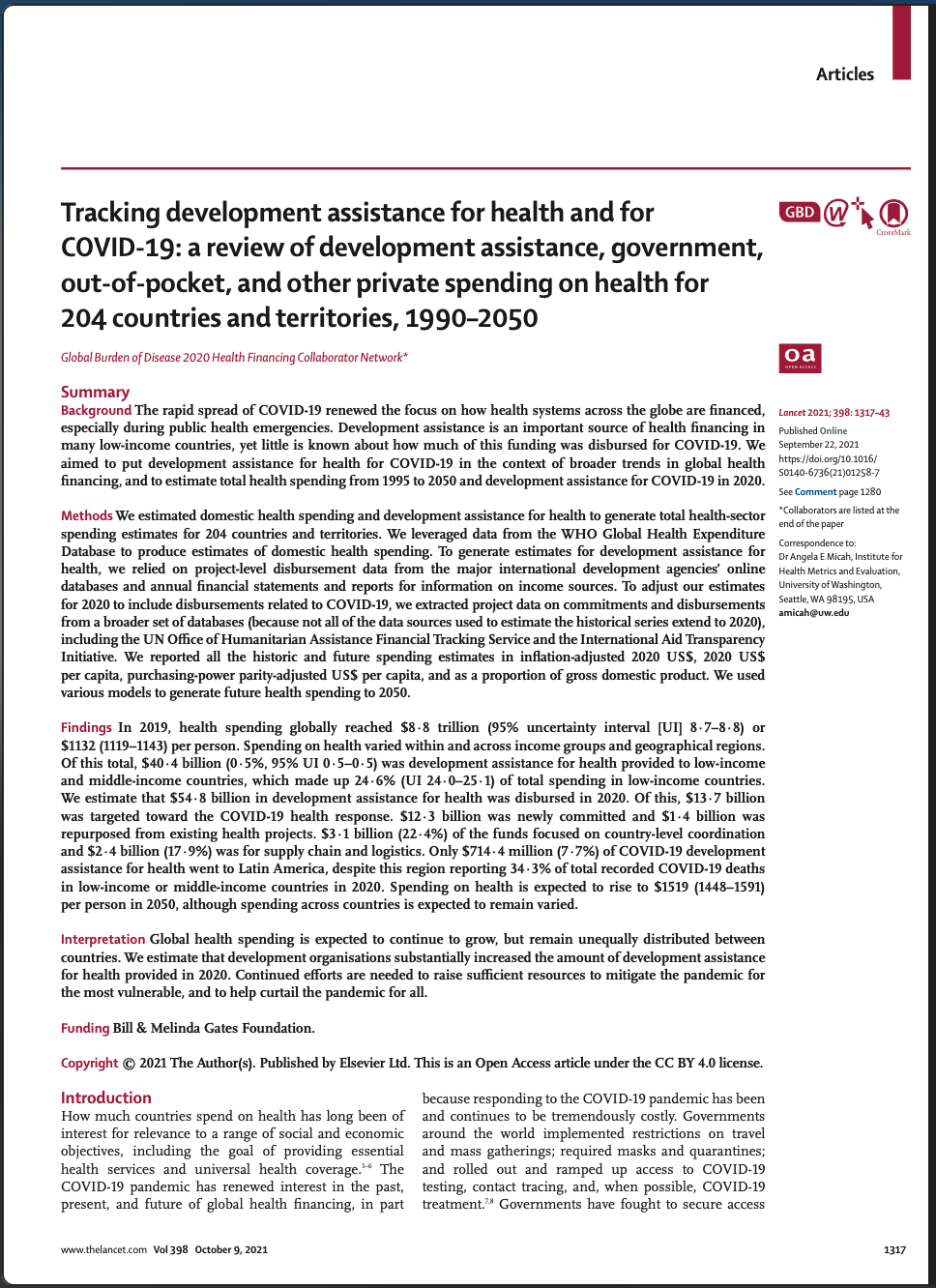 Tracking Development Assistance for Health and for COVID-19: A Review of Development Assistance, Government, Out-of-pocket, and Other Private Spending on Health for 204 Countries and Territories 1990–2050 (The Lancet 2021)